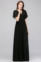 MISSHOW offers A-line V-neck Short Sleeves Long Black Chiffon Bridesmaid Dress at a good price from Black,100D Chiffon to A-line Floor-length them. Stunning yet affordable Short Sleeves Bridesmaid Dresses.