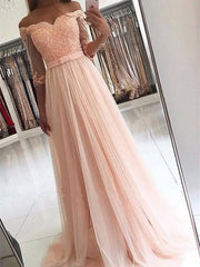 A-Line/Elegant 3/4 Sleeves Off-the-Shoulder Tulle Sash/Ribbon/Belt Prom Dresses