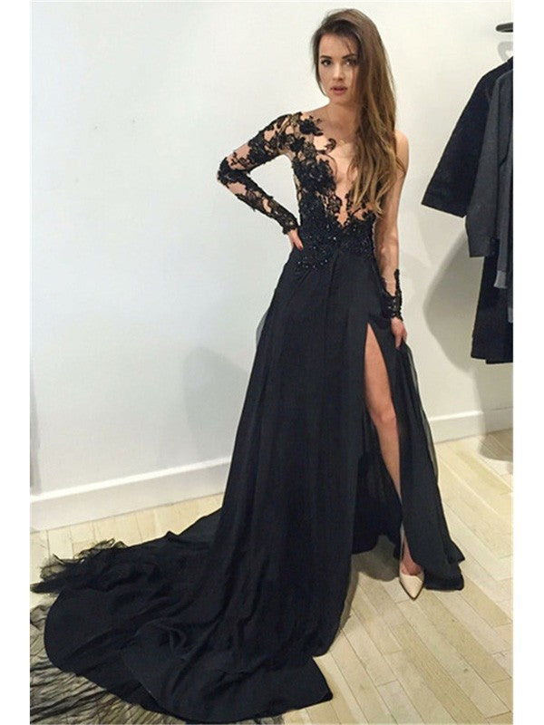 A-Line/Elegant Bateau Long Sleeves Lace Chiffon Court Train Prom Dresses