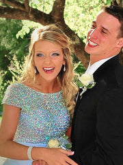 A-Line/Elegant Bateau Short Sleeves Beading Satin Prom Dresses