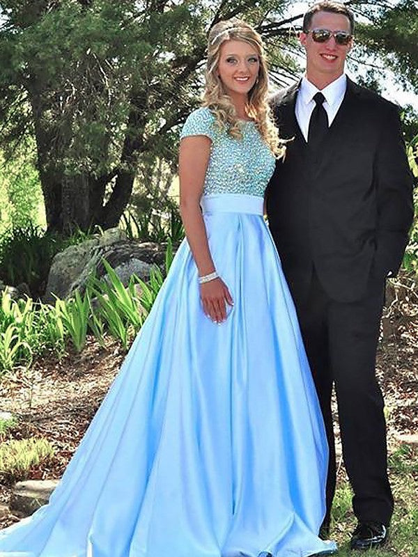 A-Line/Elegant Bateau Short Sleeves Beading Satin Prom Dresses