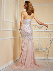 A-Line/Elegant Beading Strapless Sleeveless Long Chiffon Prom Dresses