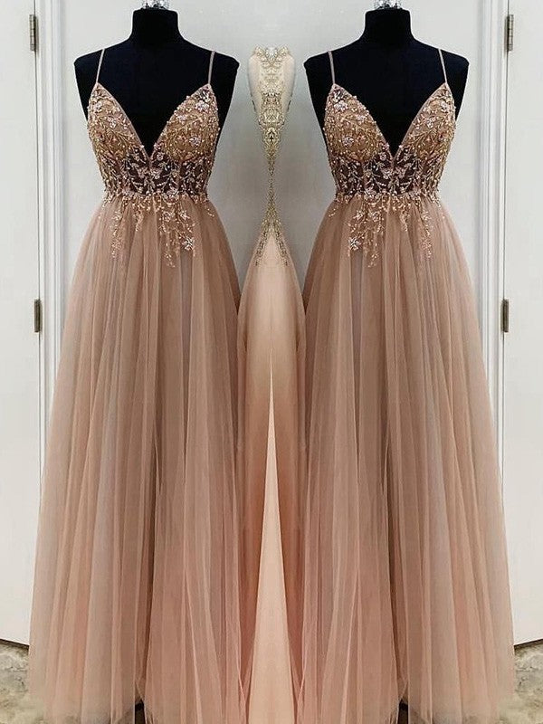 A-Line/Elegant Beading Tulle Spaghetti Straps Sleeveless Floor-Length Prom Dresses