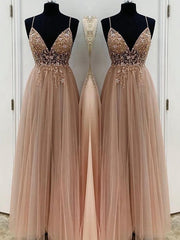 A-Line/Elegant Beading Tulle Spaghetti Straps Sleeveless Floor-Length Prom Dresses