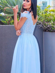 A-Line/Elegant Floor-Length Off-the-Shoulder Sleeveless Chiffon Applique Prom Dresses