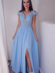 A-Line/Elegant Floor-Length Off-the-Shoulder Sleeveless Chiffon Applique Prom Dresses