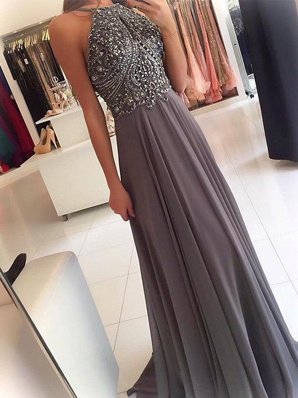 A-Line/Elegant Halter Sleeveless Beading Chiffon Prom Dresses