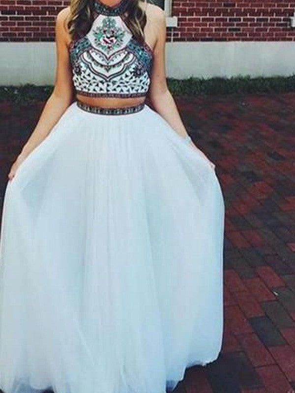 A-Line/Elegant Halter Sleeveless Floor-Length Beading Net Two Piece Prom Dresses