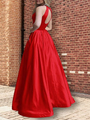 A-Line/Elegant Halter Sleeveless Floor-Length Beading Satin Prom Dresses