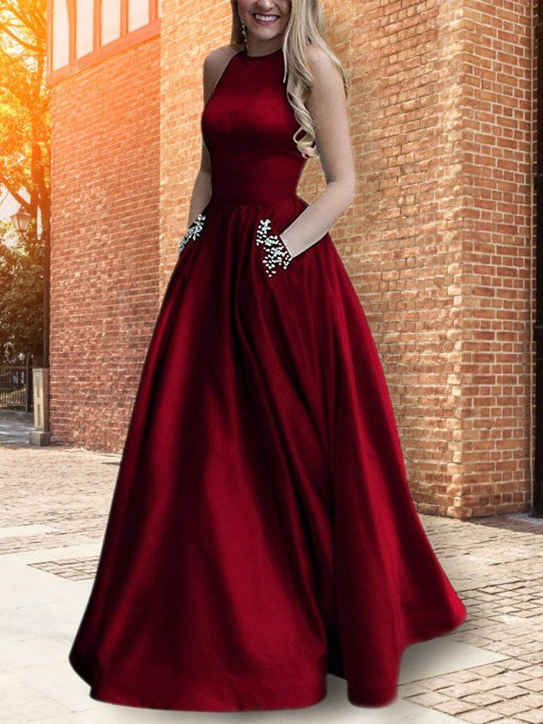 A-Line/Elegant Halter Sleeveless Floor-Length Beading Satin Prom Dresses