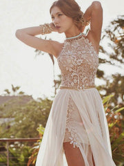 A-Line/Elegant Halter Sleeveless Lace Chiffon Prom Dresses