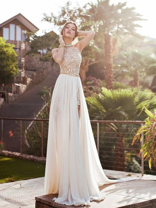 A-Line/Elegant Halter Sleeveless Lace Chiffon Prom Dresses