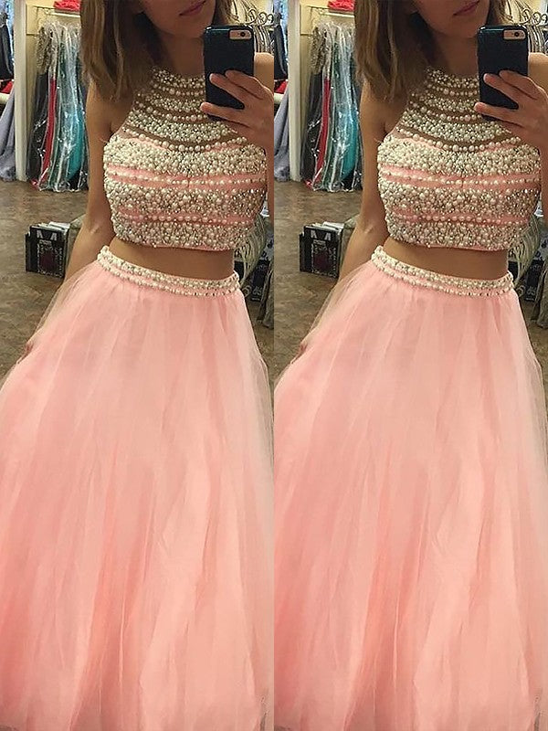 A-Line/Elegant Halter Sleeveless Tulle Floor-Length Beading Two Piece Prom Dresses