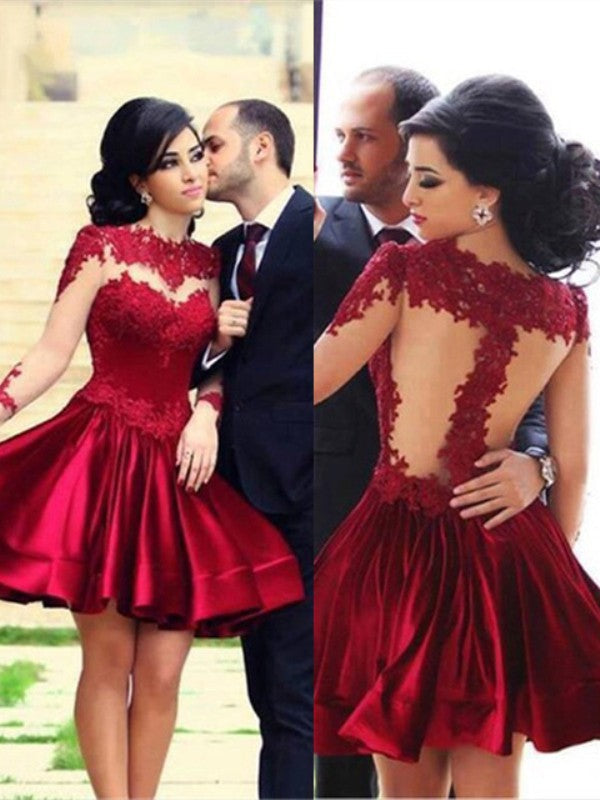 A-Line/Elegant High Neck Long Sleeves Satin Short/Mini Prom Dresses