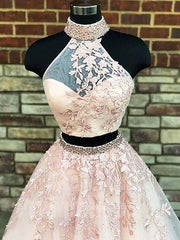 A-Line/Elegant High Neck Sleeveless Applique Tulle Two Piece Prom Dresses