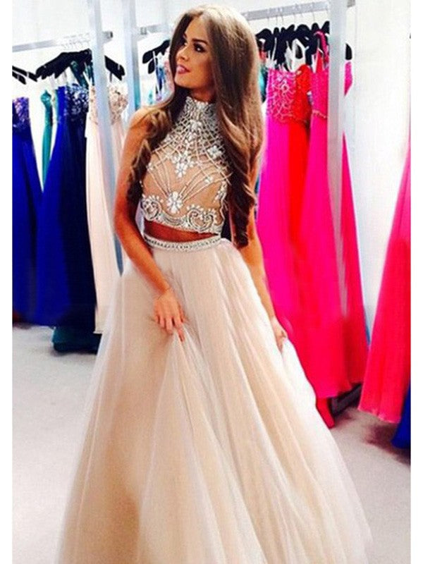 A-Line/Elegant High Neck Sleeveless Beading Tulle Floor-Length Prom Dresses