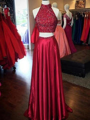 A-Line/Elegant High Neck Sleeveless Silk like Satin Taffeta Prom Dresses