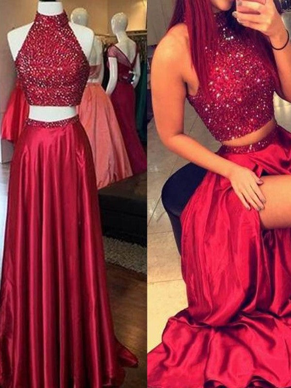 A-Line/Elegant High Neck Sleeveless Silk like Satin Taffeta Prom Dresses