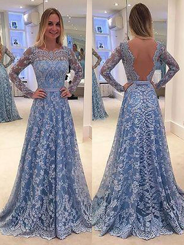 A-Line/Elegant Long Sleeves Lace Floor-Length Bateau Ruffles Prom Dresses