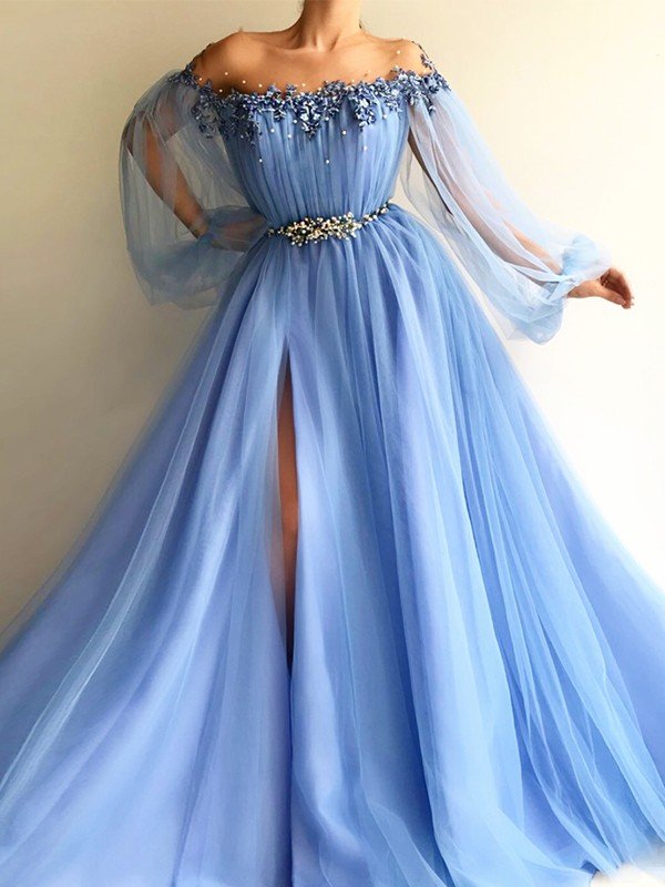 A-Line/Elegant Long Sleeves Off-the-Shoulder Tulle Beading Floor-Length Prom Dresses