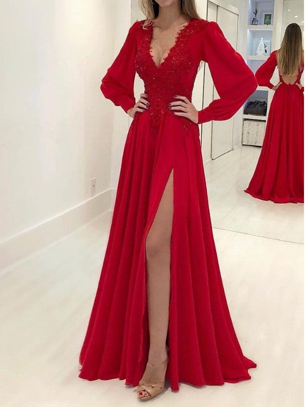 A-Line/Elegant Long Sleeves V-neck Applique Chiffon Prom Dresses