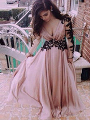 A-Line/Elegant Long Sleeves V-neck Chiffon Applique Floor-Length Prom Dresses