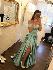 A-Line/Elegant Off-the-Shoulder Ruffles Satin Prom Dresses