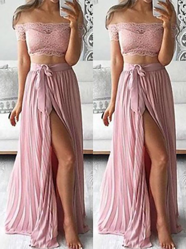 A-Line/Elegant Off-the-Shoulder Sleeveless Chiffon Floor-Length Lace Two Piece Prom Dresses