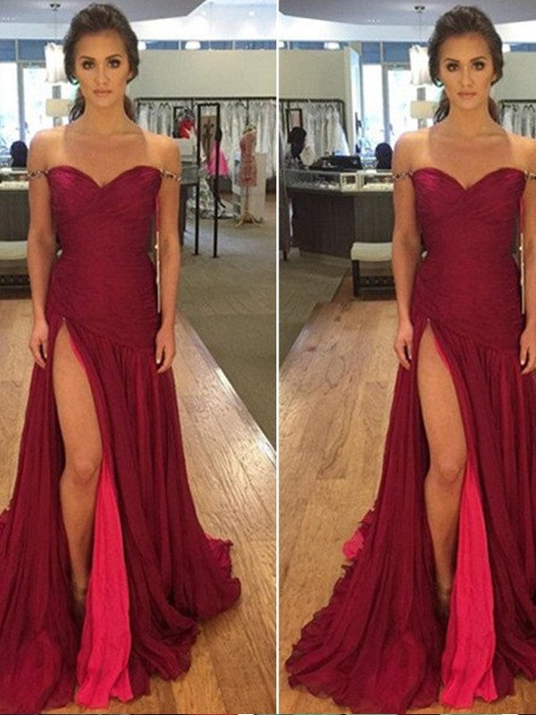 A-Line/Elegant Off-the-Shoulder Sleeveless Chiffon Prom Dresses