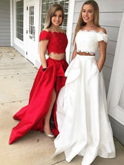 A-Line/Elegant Off-the-Shoulder Sleeveless Lace Satin Two Piece Prom Dresses