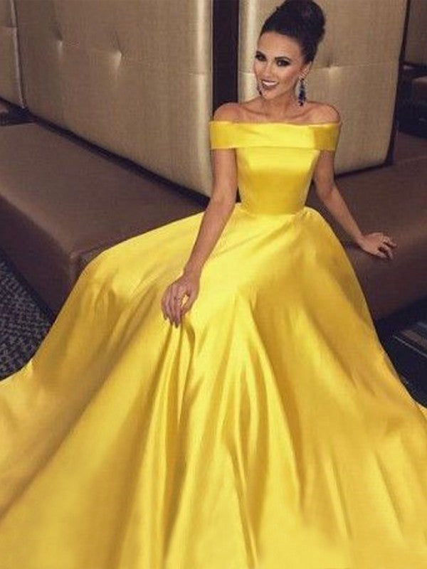 A-Line/Elegant Off-the-Shoulder Sleeveless Ruffles Satin Prom Dresses