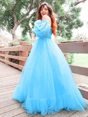 A-Line/Elegant Off-the-Shoulder Tulle Applique Long Sleeves Floor-Length Prom Dresses