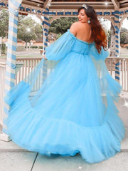 A-Line/Elegant Off-the-Shoulder Tulle Applique Long Sleeves Floor-Length Prom Dresses