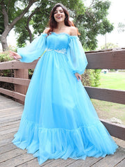 A-Line/Elegant Off-the-Shoulder Tulle Applique Long Sleeves Floor-Length Prom Dresses