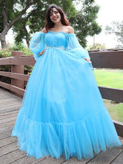 A-Line/Elegant Off-the-Shoulder Tulle Applique Long Sleeves Floor-Length Prom Dresses