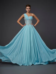 A-Line/Elegant One-Shoulder Sleeveless Ruffles Long Chiffon Prom Dresses