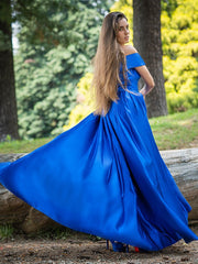 A-Line/Elegant Ruffles Satin Off-the-Shoulder Sleeveless Floor-Length Prom Dresses