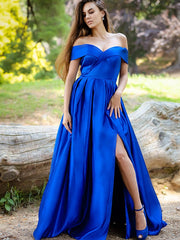 A-Line/Elegant Ruffles Satin Off-the-Shoulder Sleeveless Floor-Length Prom Dresses