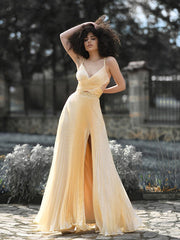 A-Line/Elegant Ruffles Satin Sleeveless V-neck Prom Dresses