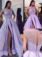 A-Line/Elegant Satin Beading Scoop Short Sleeves Prom Dresses