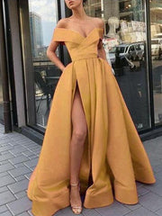 A-Line/Elegant Satin Ruffles Off-the-Shoulder Sleeveless Prom Dresses