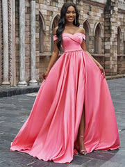 A-Line/Elegant Satin Sleeveless Ruffles Off-the-Shoulder Court Train Prom Dresses