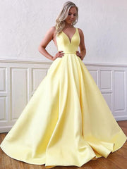 A-Line/Elegant Satin Sleeveless Ruffles V-neck Prom Dresses