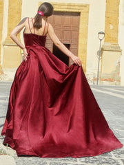 A-Line/Elegant Satin Spaghetti Straps Sleeveless Ruffles Prom Dresses