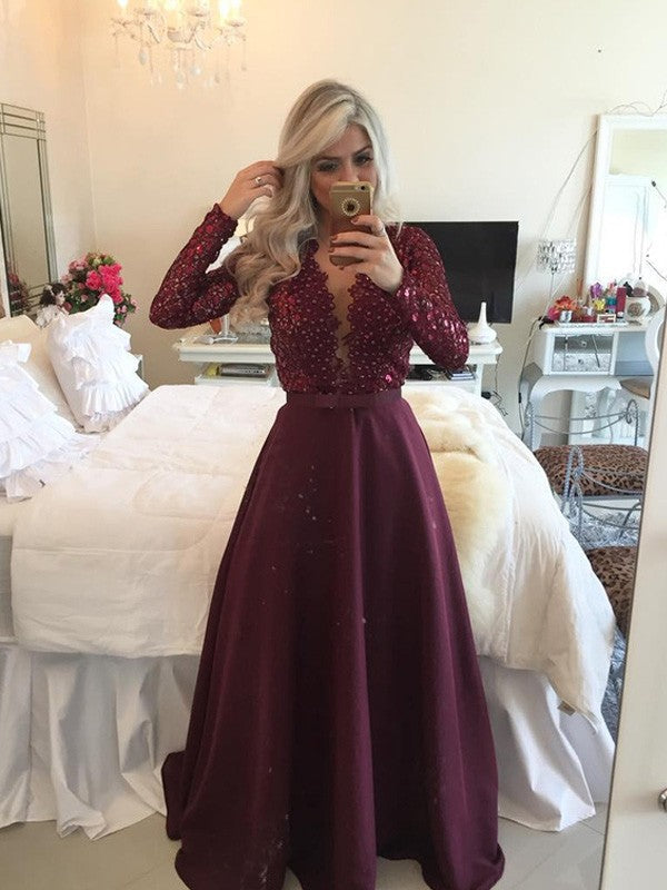 A-Line/Elegant Scoop Long Sleeves Sequin Floor-Length Satin Prom Dresses