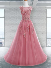 A-Line/Elegant Scoop Sleeveless Applique Tulle Prom Dresses