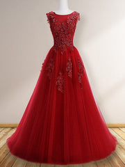 A-Line/Elegant Scoop Sleeveless Applique Tulle Prom Dresses