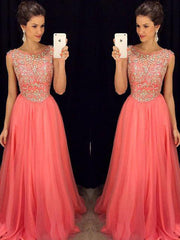 A-Line/Elegant Scoop Sleeveless Beading Floor-Length Chiffon Prom Dresses