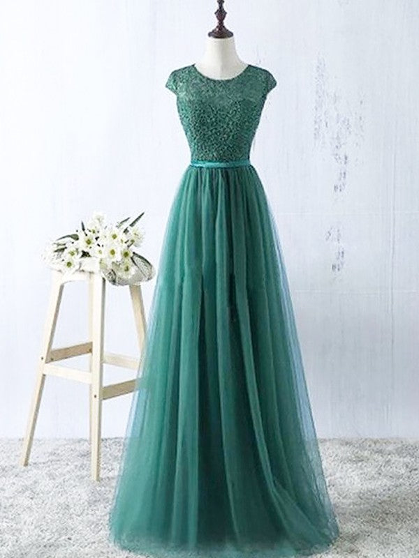 A-Line/Elegant Scoop Sleeveless Tulle Floor-Length Prom Dresses