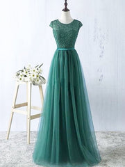 A-Line/Elegant Scoop Sleeveless Tulle Floor-Length Prom Dresses